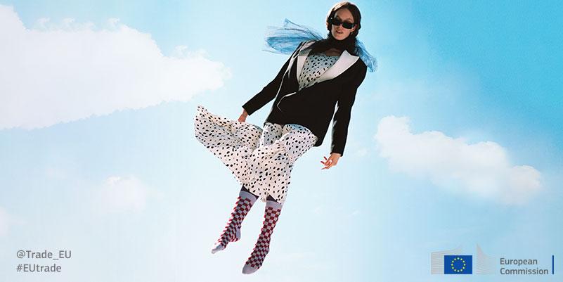 Image of a woman floating in the air wearing striped socks